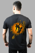 Man wearing a black regular-fit T-shirt with a golden Mahadev and trishul back print