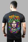 Man wearing a black regular-fit T-shirt with a colourful Medusa and snake print on the back