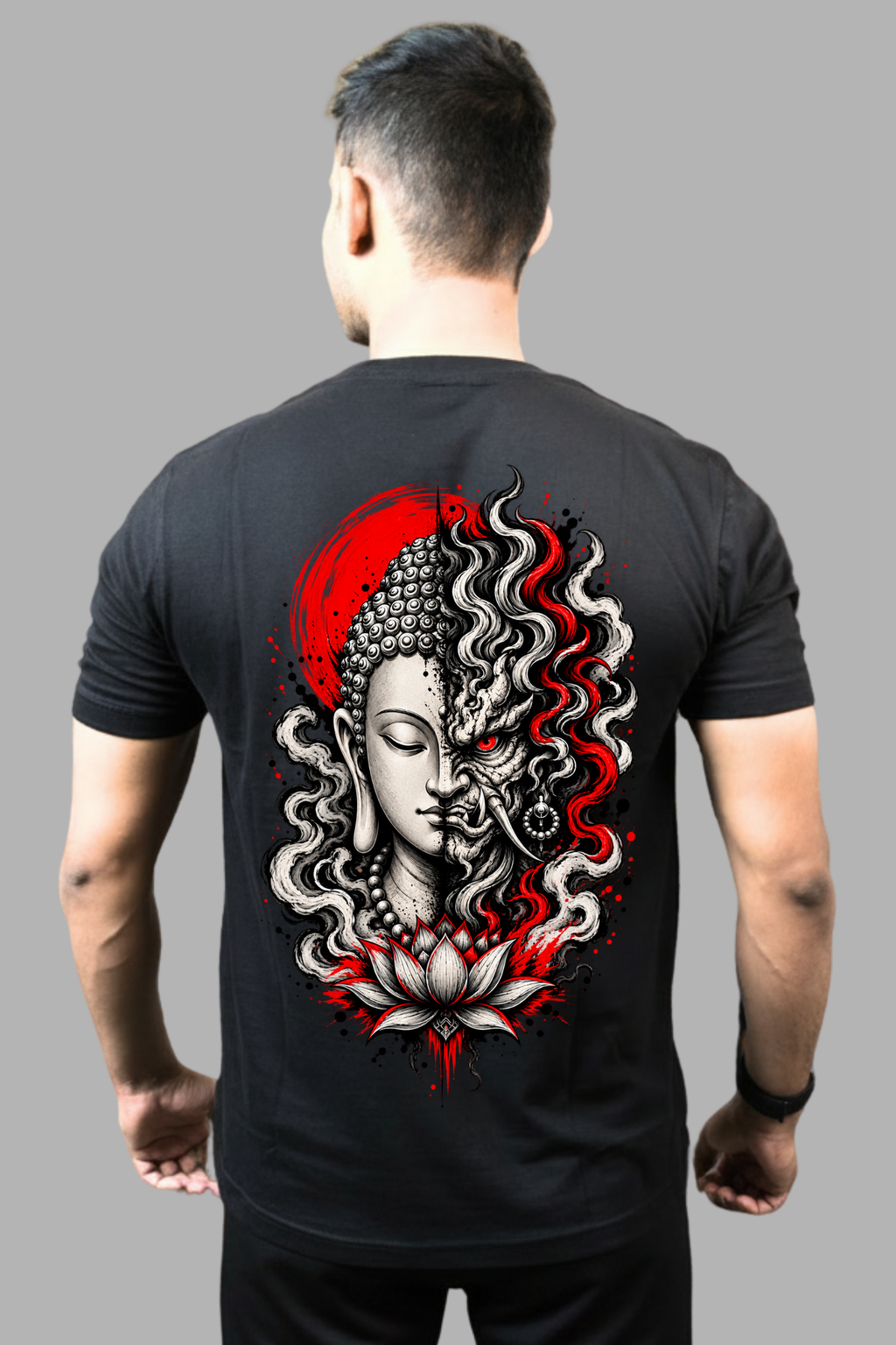 Man wearing a black regular-fit T-shirt with a split Buddha and fierce mythic face print in black, white and red on the back