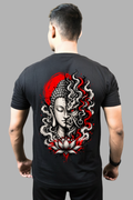 Man wearing a black regular-fit T-shirt with a split Buddha and fierce mythic face print in black, white and red on the back