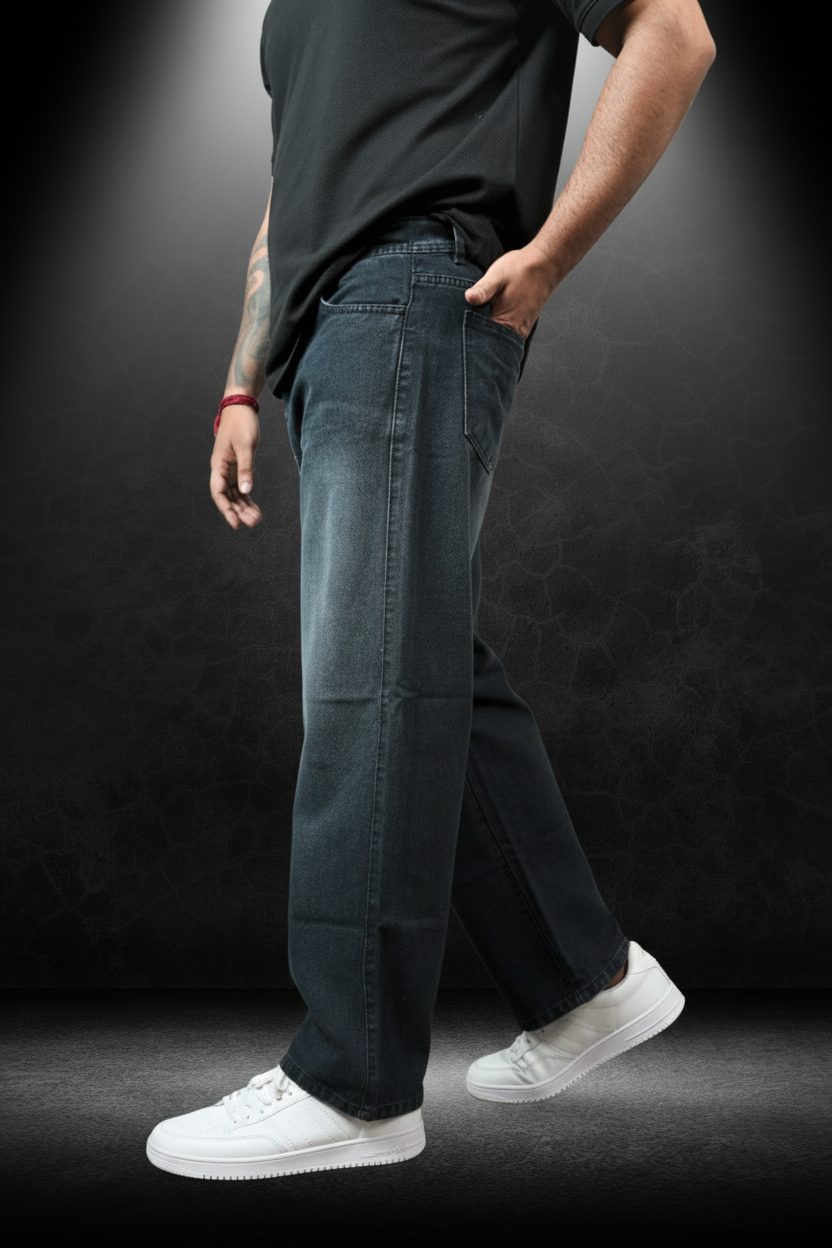 Men's Straight Fit Jeans Washed Black - Side view on model showing straight leg