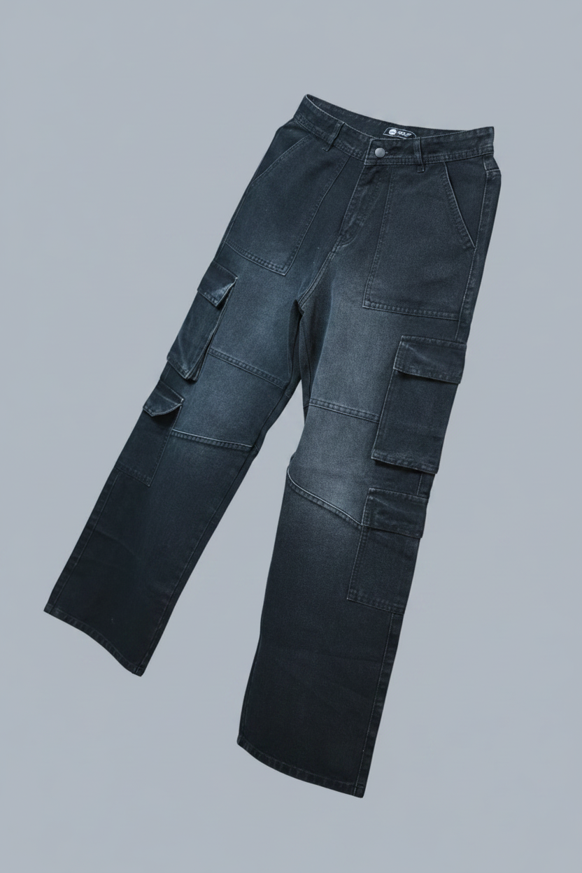 Women's Cargo Fit Jeans Black - Side view showing cargo pockets