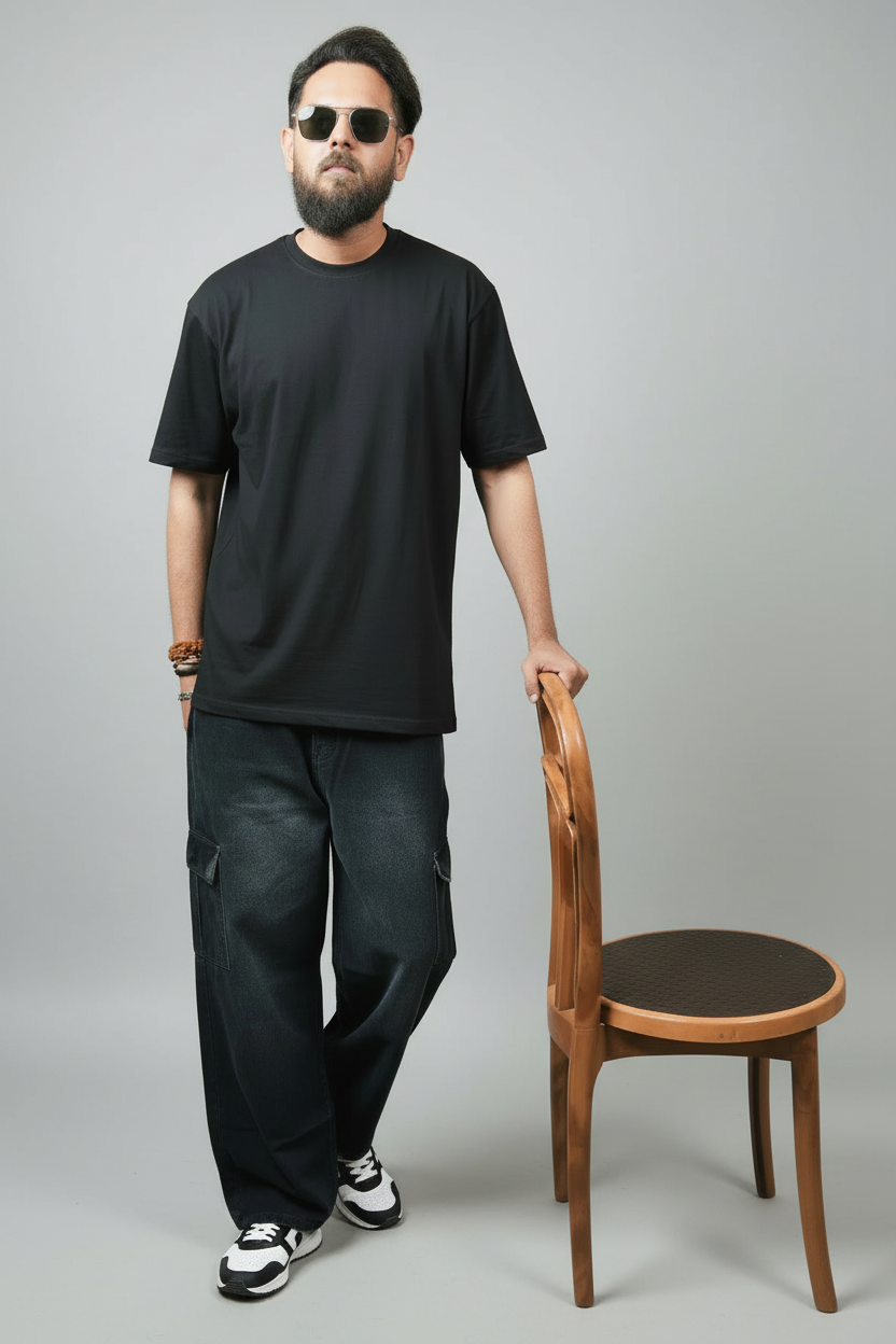 Men's Cargo Fit Jeans Washed Black - Full body editorial shot on model