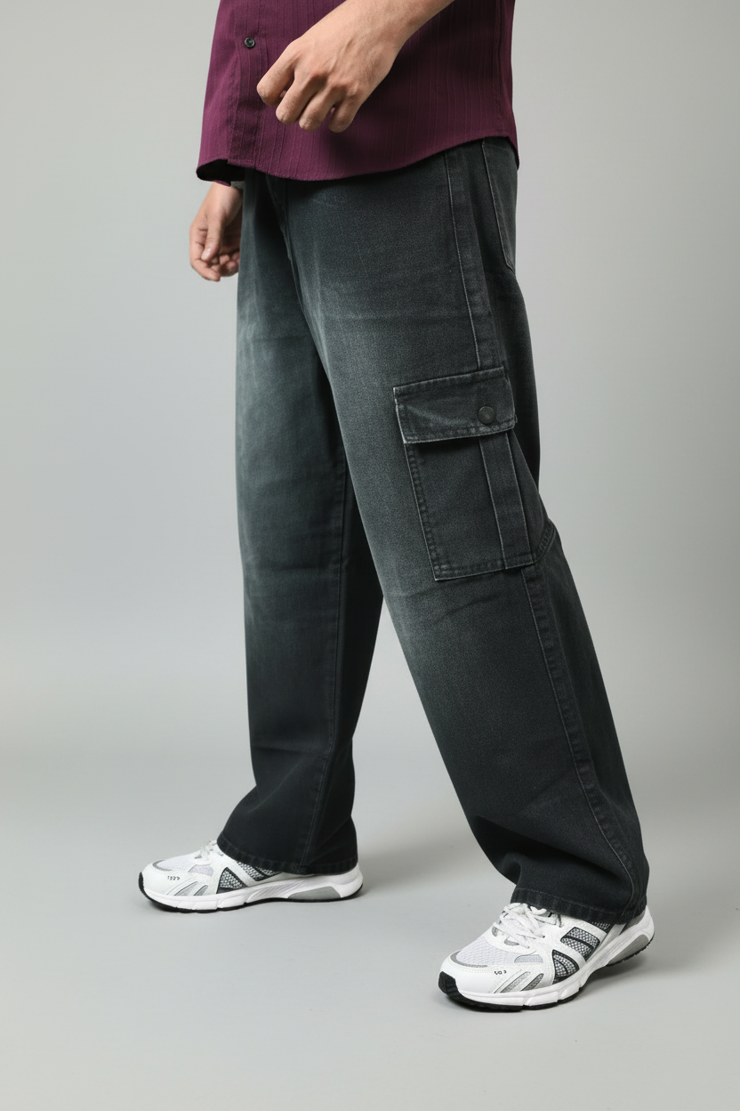 Men's Cargo Fit Jeans Washed Black - Side view showing cargo pocket detail