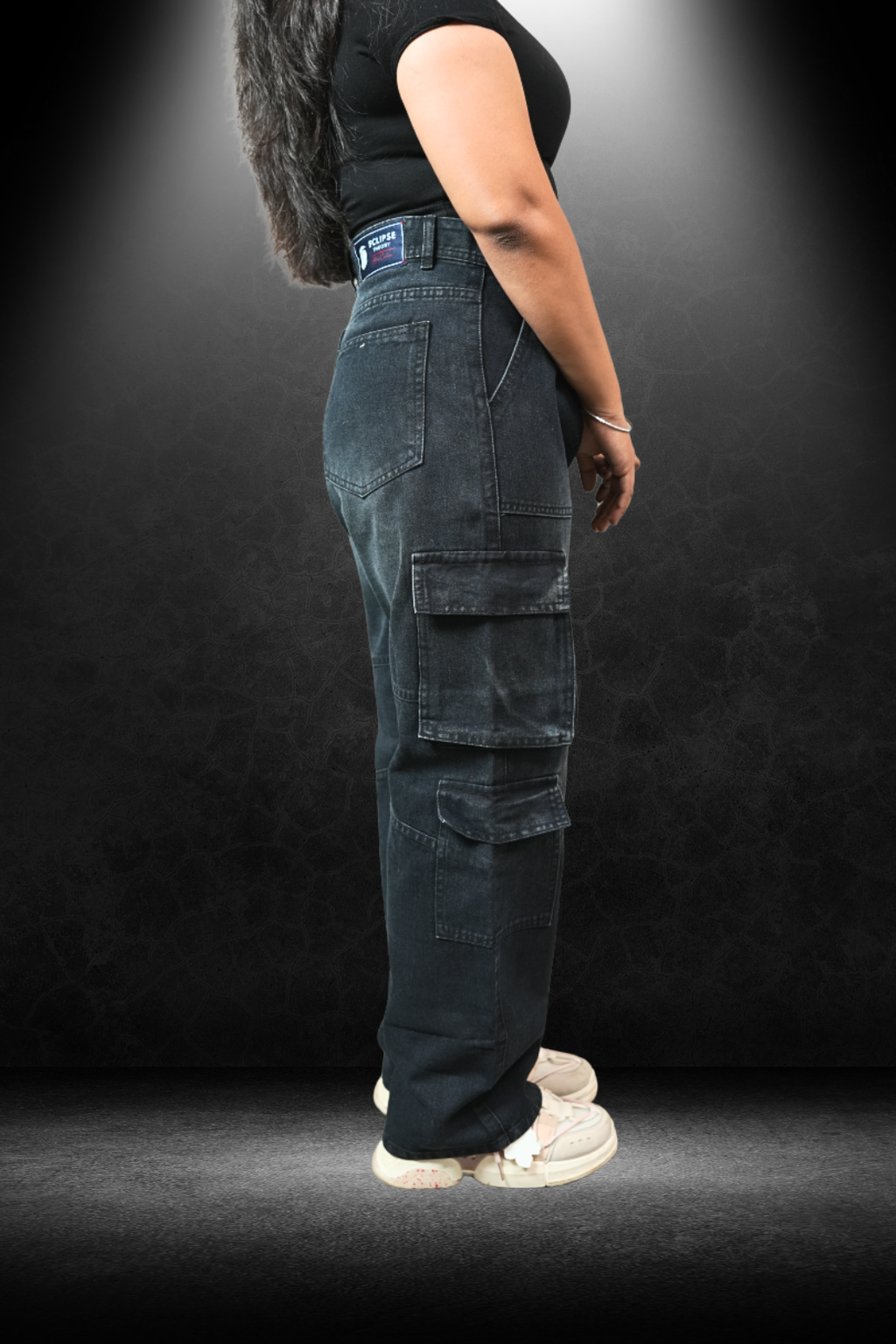 Women's Cargo Fit Jeans Black - Side editorial pose