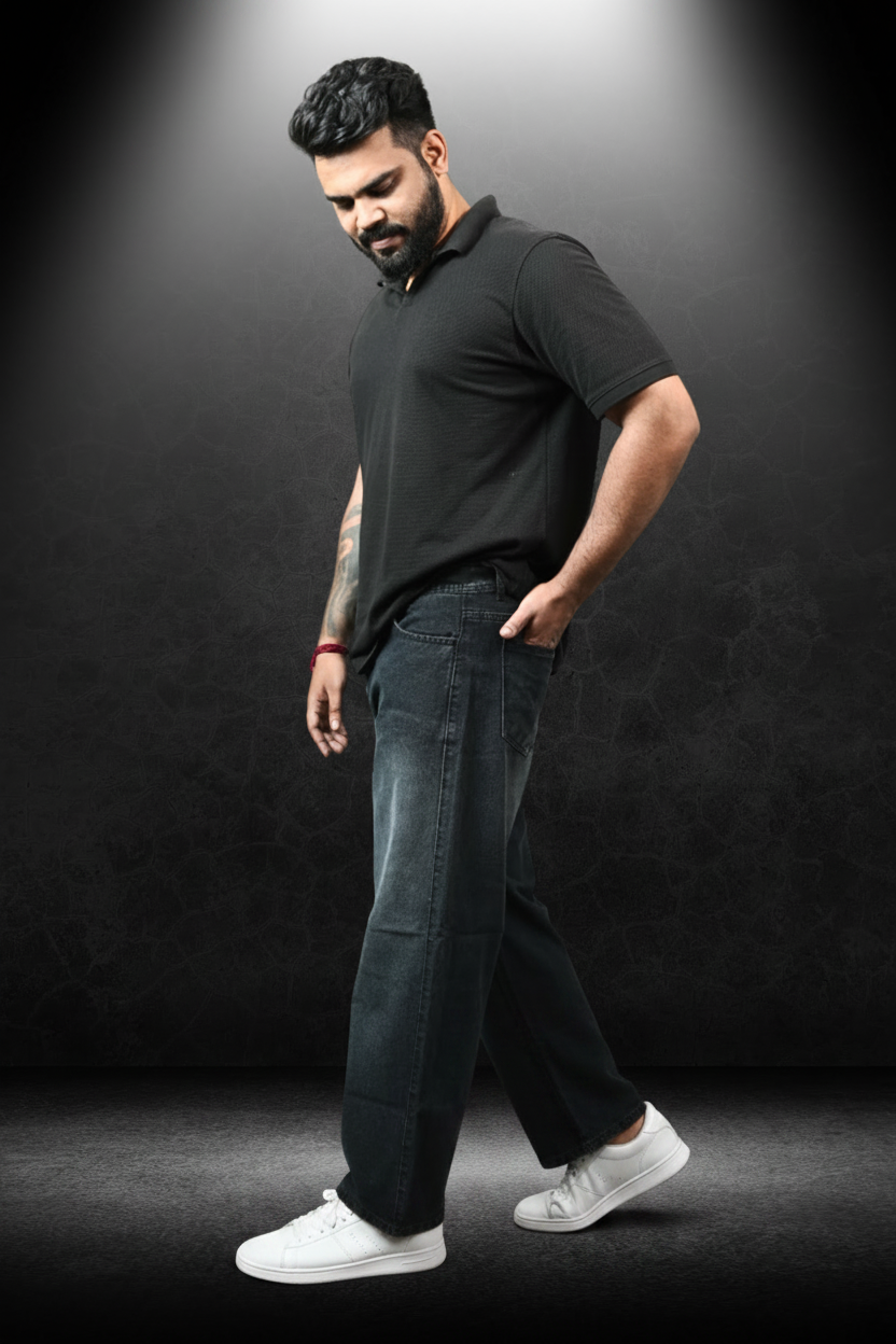 Men's Straight Fit Jeans Washed Black - Full body editorial shot with polo
