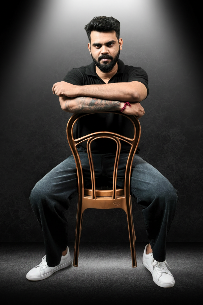 Men's Straight Fit Jeans Washed Black - Seated editorial shot on chair