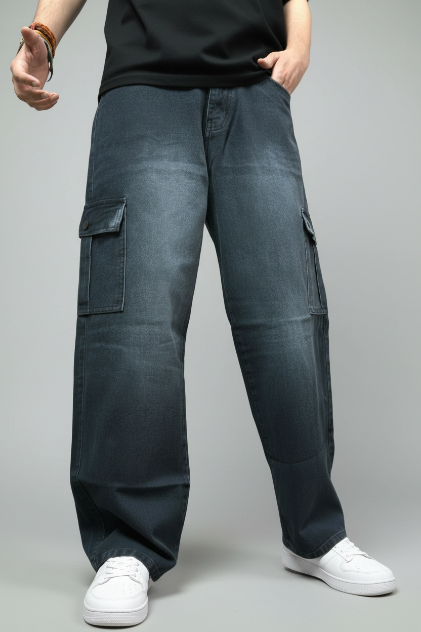 Men's Cargo Fit Jeans Washed Black - Front view showing both cargo pockets