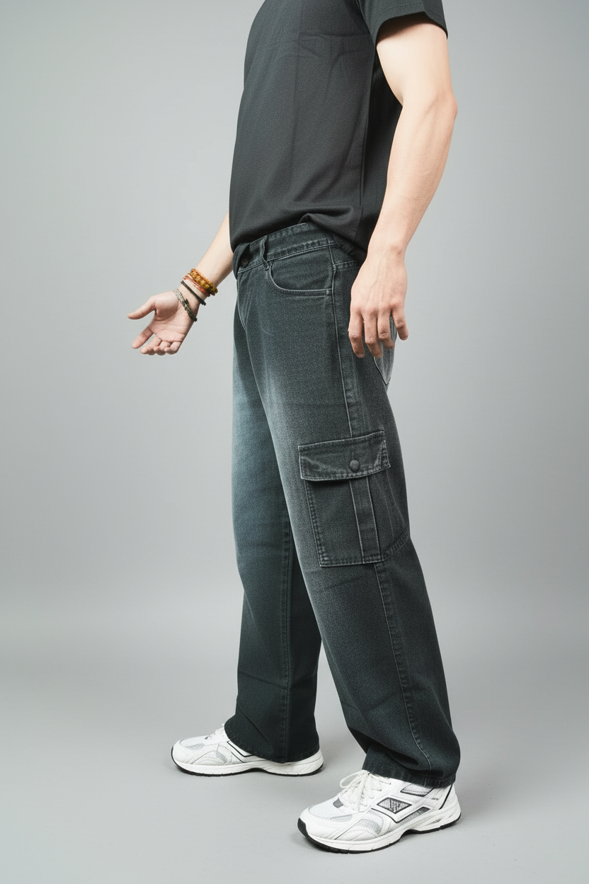 Men's Cargo Fit Jeans Washed Black - Side profile view on model