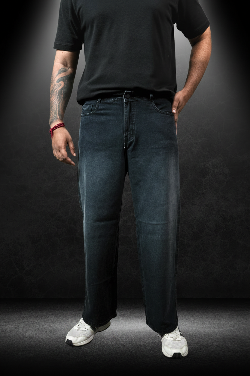 Men's Straight Fit Jeans Washed Black - Front view showing waist and leg