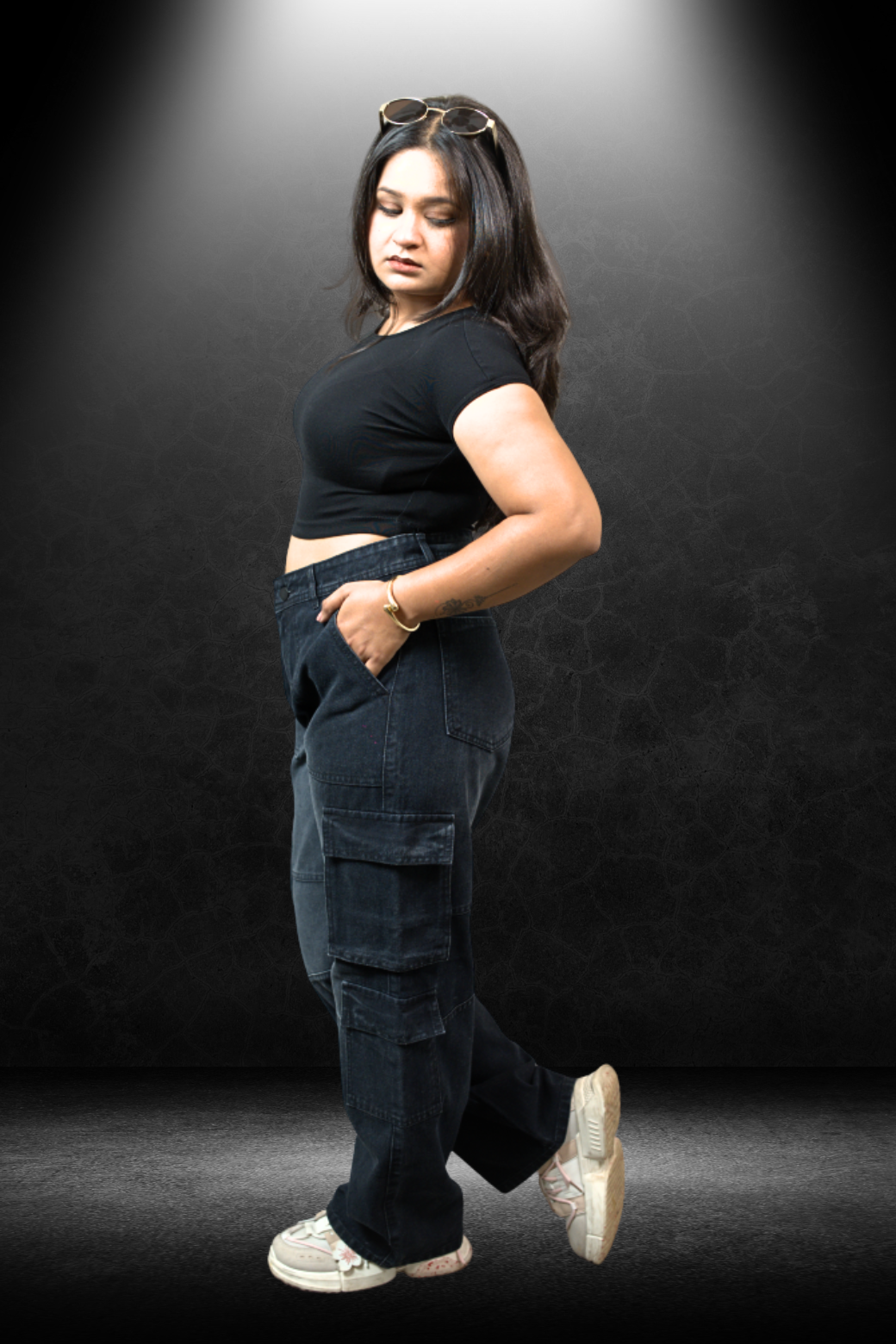 Women's Cargo Fit Jeans Black - Front standing view