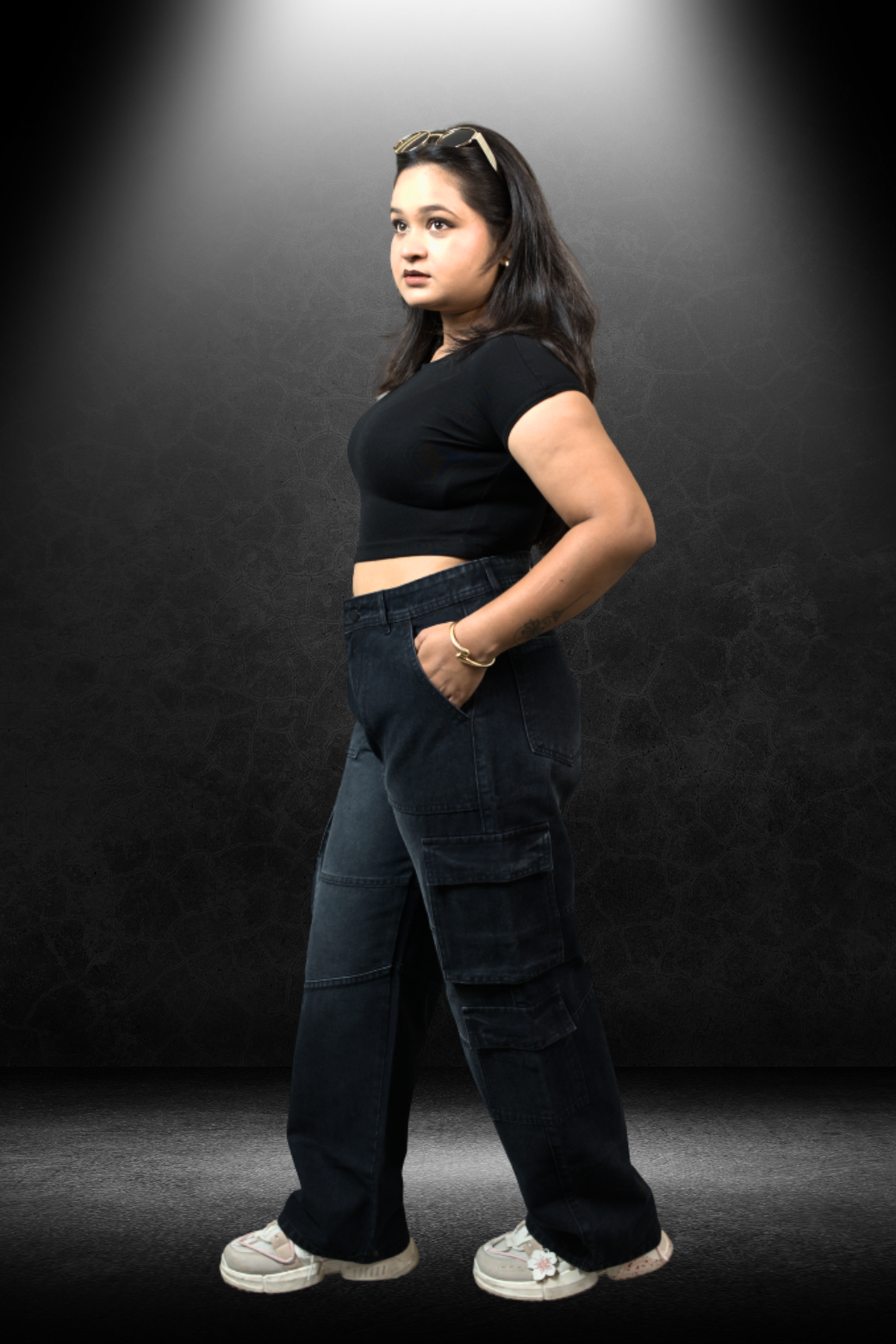 Women's Cargo Fit Jeans Black - Front full body view with sunglasses