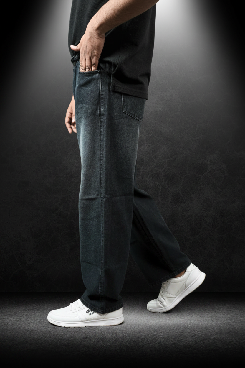 Men's Straight Fit Jeans Washed Black - Side profile walking shot