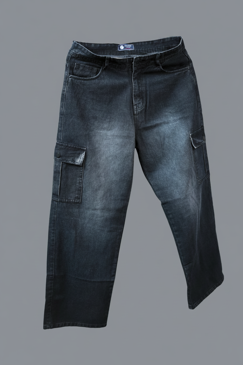 Men's Cargo Fit Jeans Washed Black - Flat lay on hanger with Eclipse Theory label and color swatch