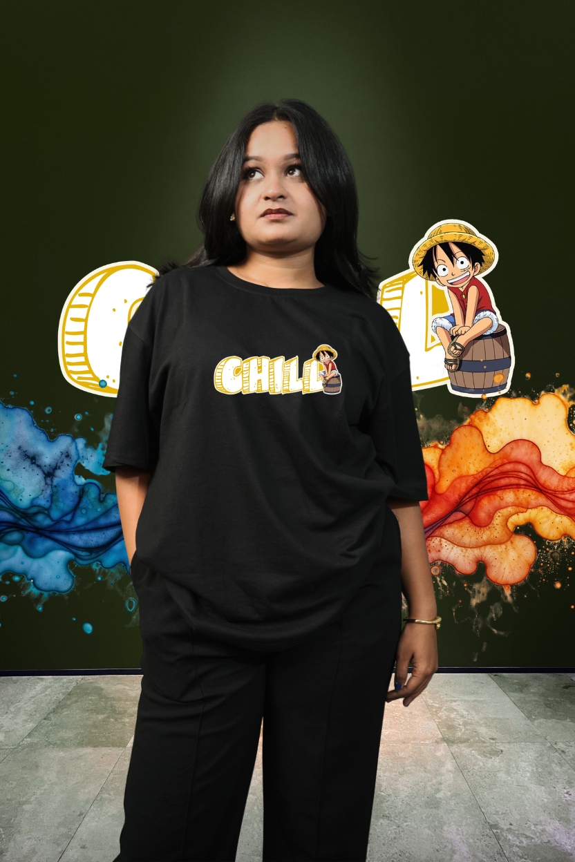 Chill 2 Oversized Print T-Shirt All Black Anime Luffy Front Print - Eclipse Theory