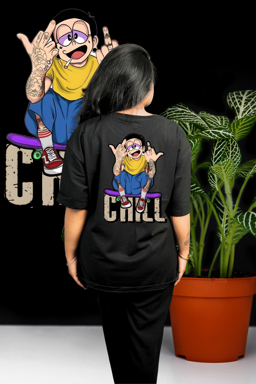 Chill 3 Oversized Print T-Shirt All Black Skater Boy Back Print - Eclipse Theory
