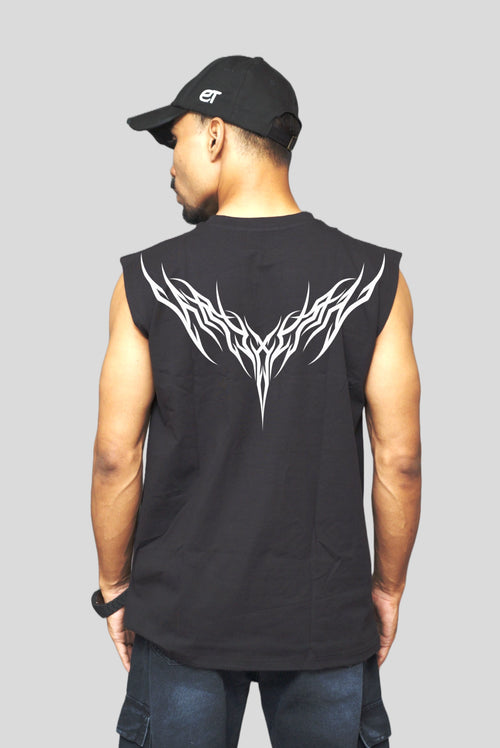 Black oversized cotton sleeveless tank with white Cyber graphic print on the back