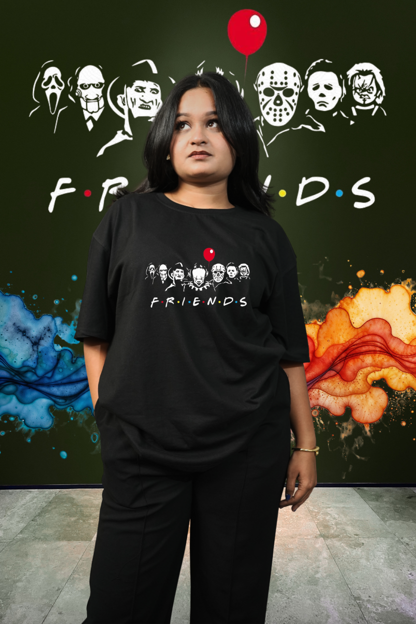 Friends Horror Parody Oversized Print T-Shirt All Black Front - Eclipse Theory