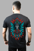 Man wearing a black regular-fit T-shirt with a red and teal tribal skull feather print on the back