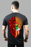 Man wearing a black regular-fit T-shirt with a colourful split Theyyam and Kathakali face print on the back