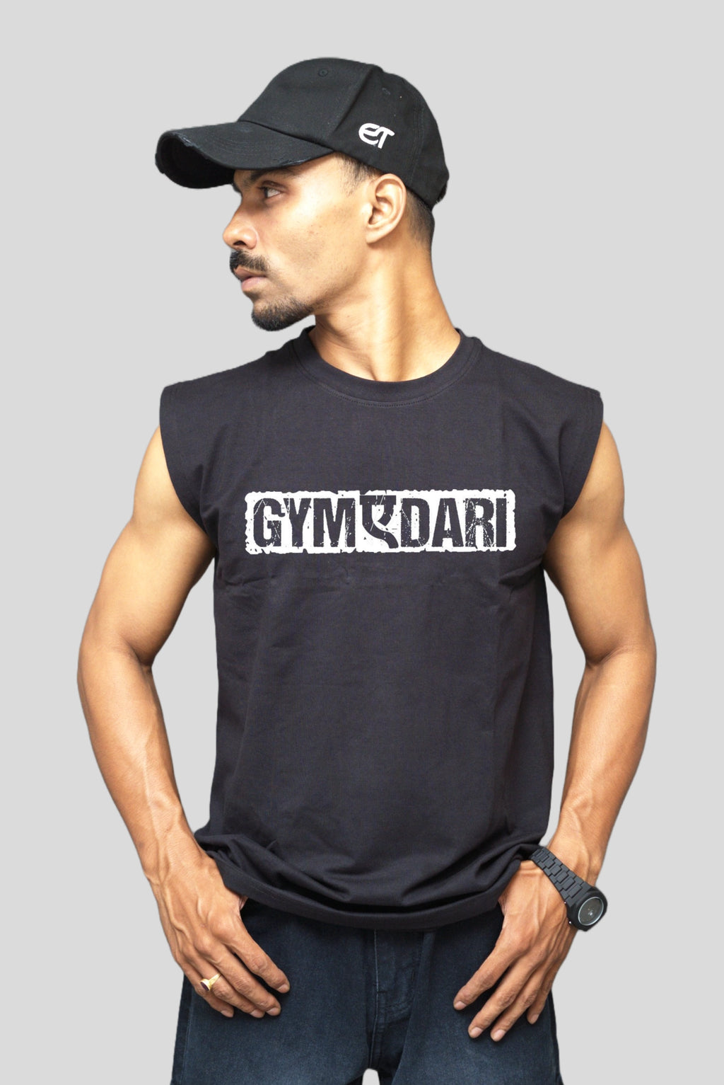 Black oversized cotton sleeveless tank with white Gymkhadari chest print