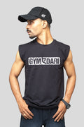 Black oversized cotton sleeveless tank with white Gymkhadari chest print