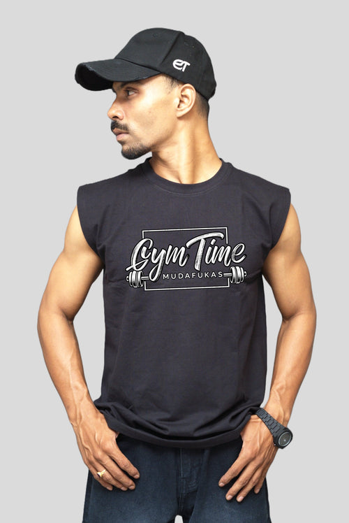 Black oversized cotton sleeveless tank with Gym Time print