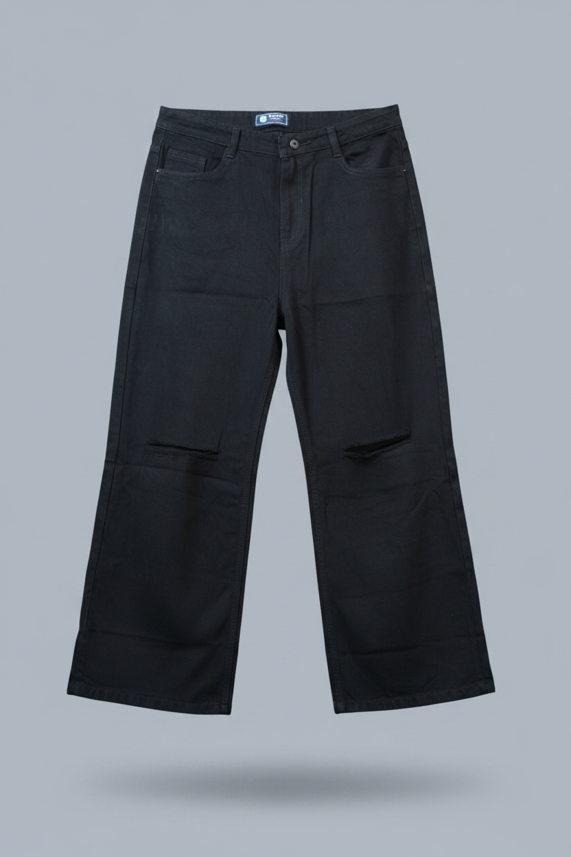 Men's Knee Cut Jeans Black - Flat lay on hanger showing knee cuts and Eclipse Theory label
