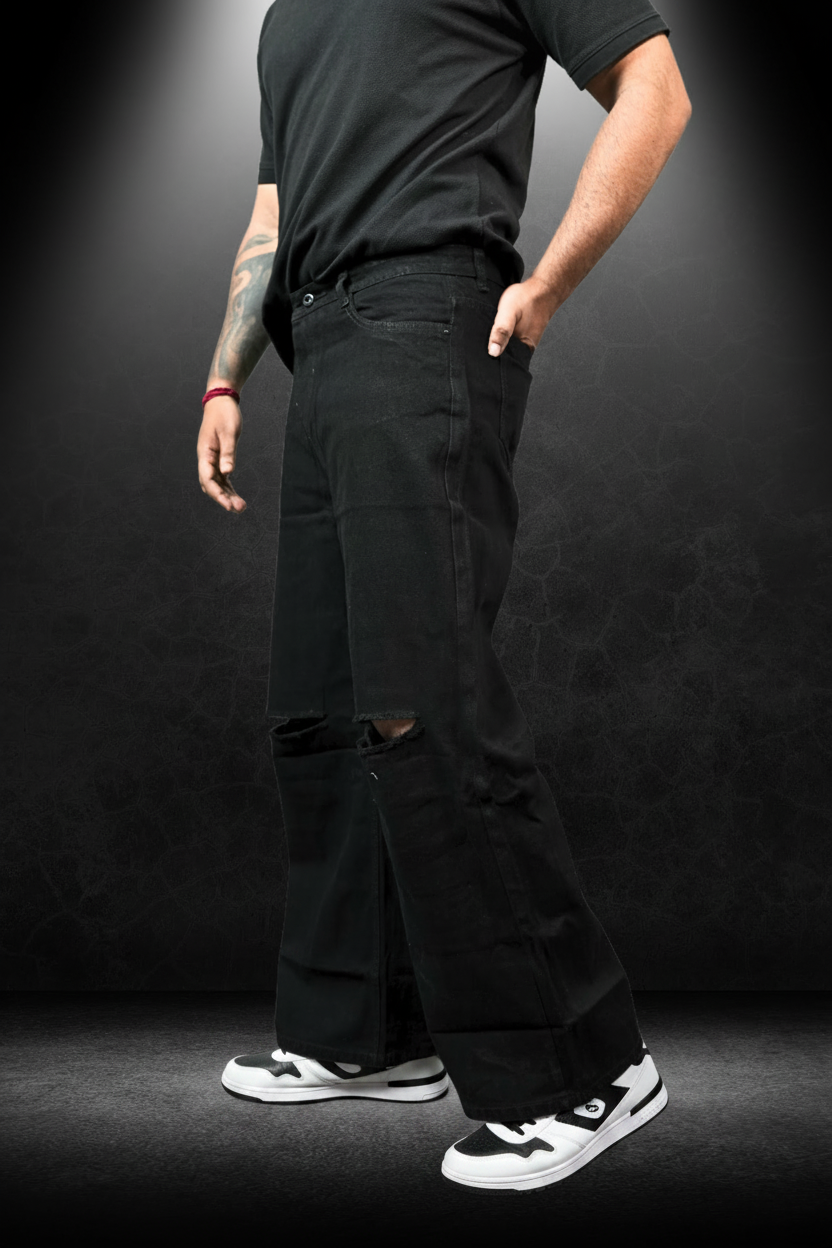 Men's Knee Cut Jeans Black - Side profile view on second model showing wide leg and knee cut