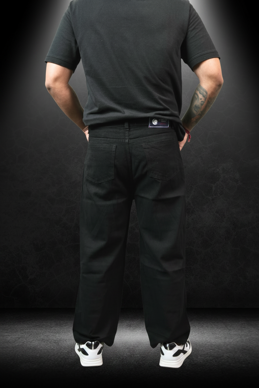 Men's Knee Cut Jeans Black - Back view on model showing Eclipse Theory waistband label