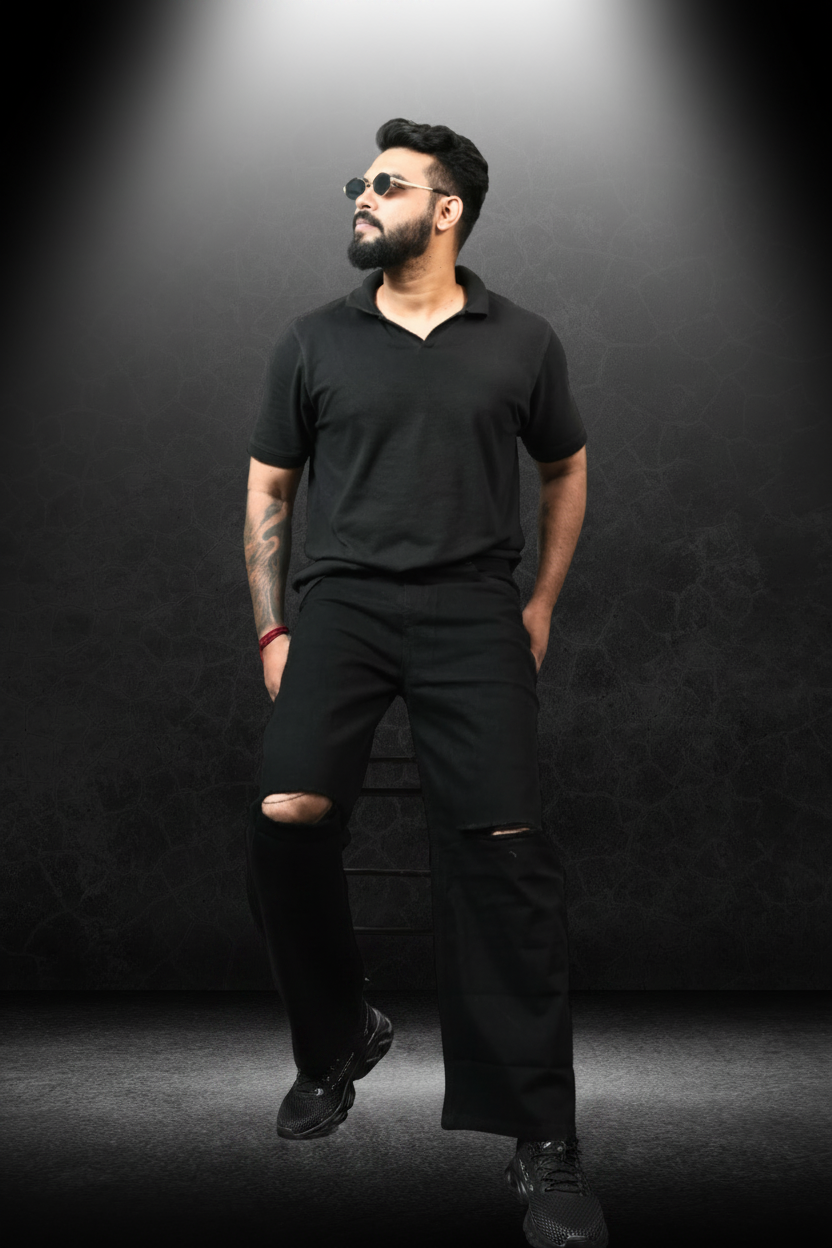 Men's Knee Cut Jeans Black - Full body editorial shot with polo and sunglasses