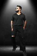 Men's Knee Cut Jeans Black - Full body editorial shot with polo and sunglasses