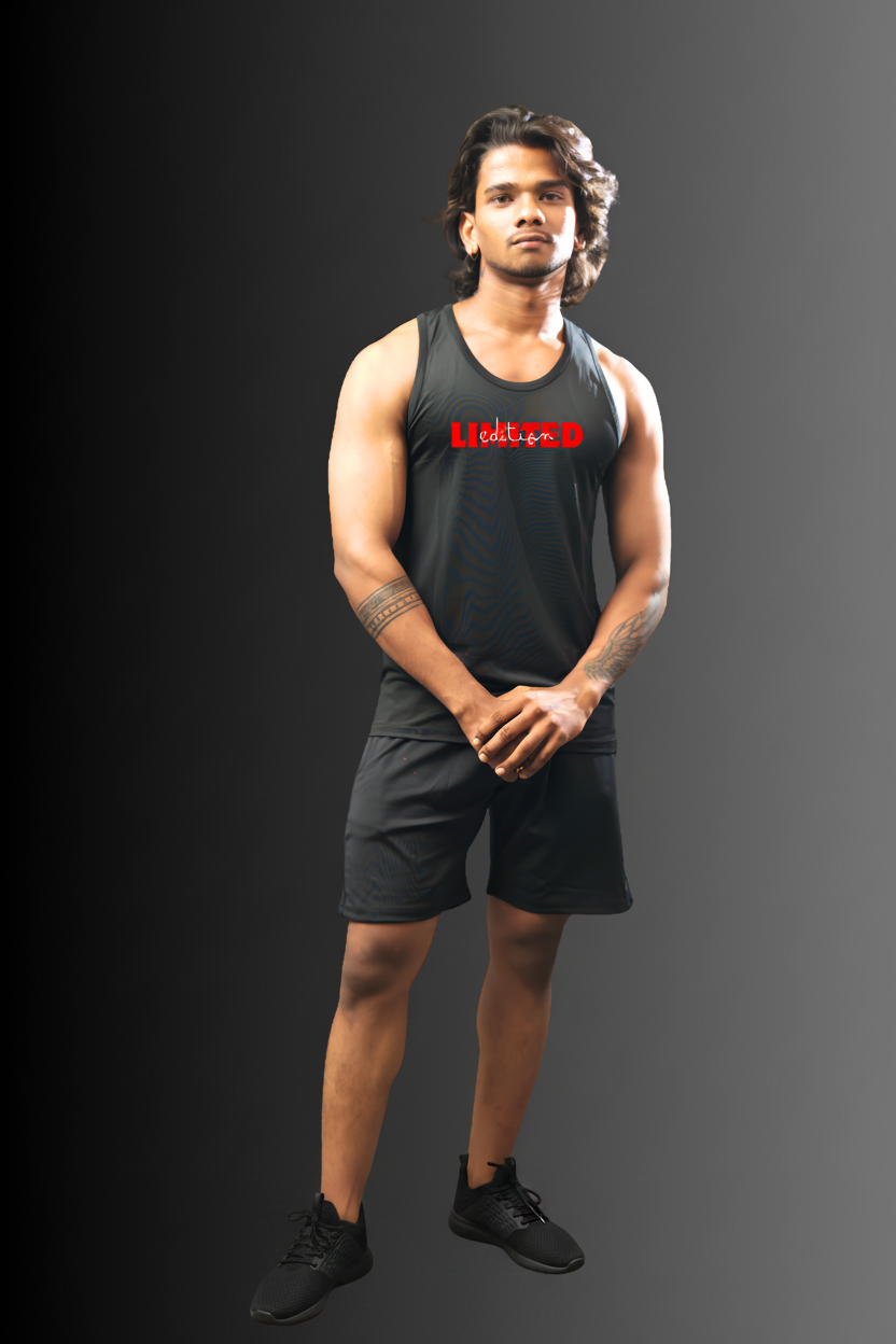 A man modeling a black athletic tank top and matching shorts against a dark gray gradient background. The tank top features the brand name 'LIFECAD' printed in red across the chest.