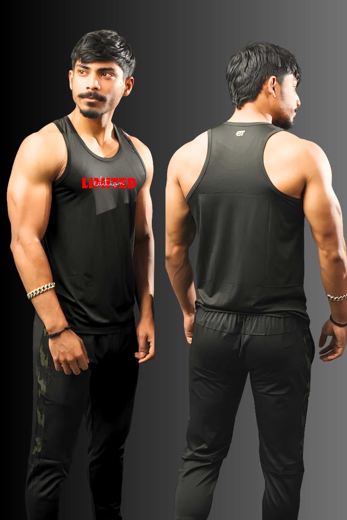 A man shown from the front and back wearing a black athletic tank top and black pants against a dark gray studio background. The front view shows a red 'LIFEBUD' logo across the chest, and the back view shows a small white logo near the neckline.