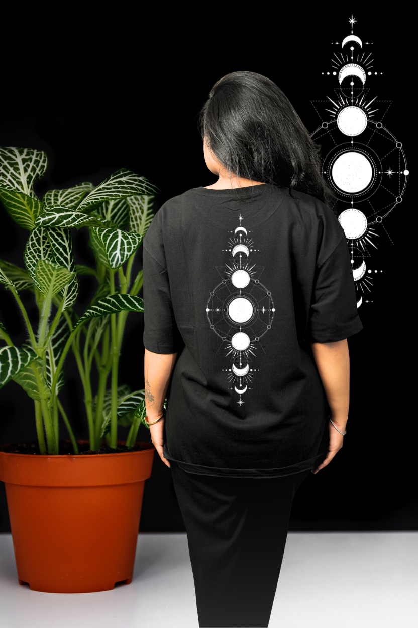 Lunation Oversized Print T-Shirt All Black Moon Phases Back - Eclipse Theory
