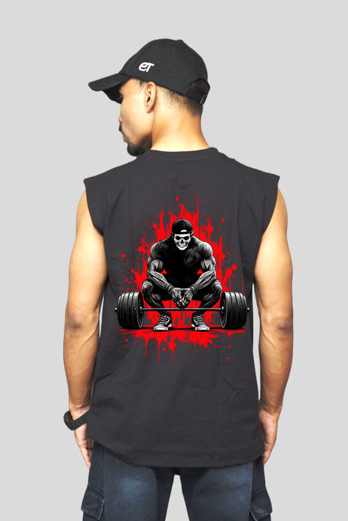 Back view of the Monkey Gym Boxy Cotton Sleeveless, with a red weightlifter graphic on the black tank