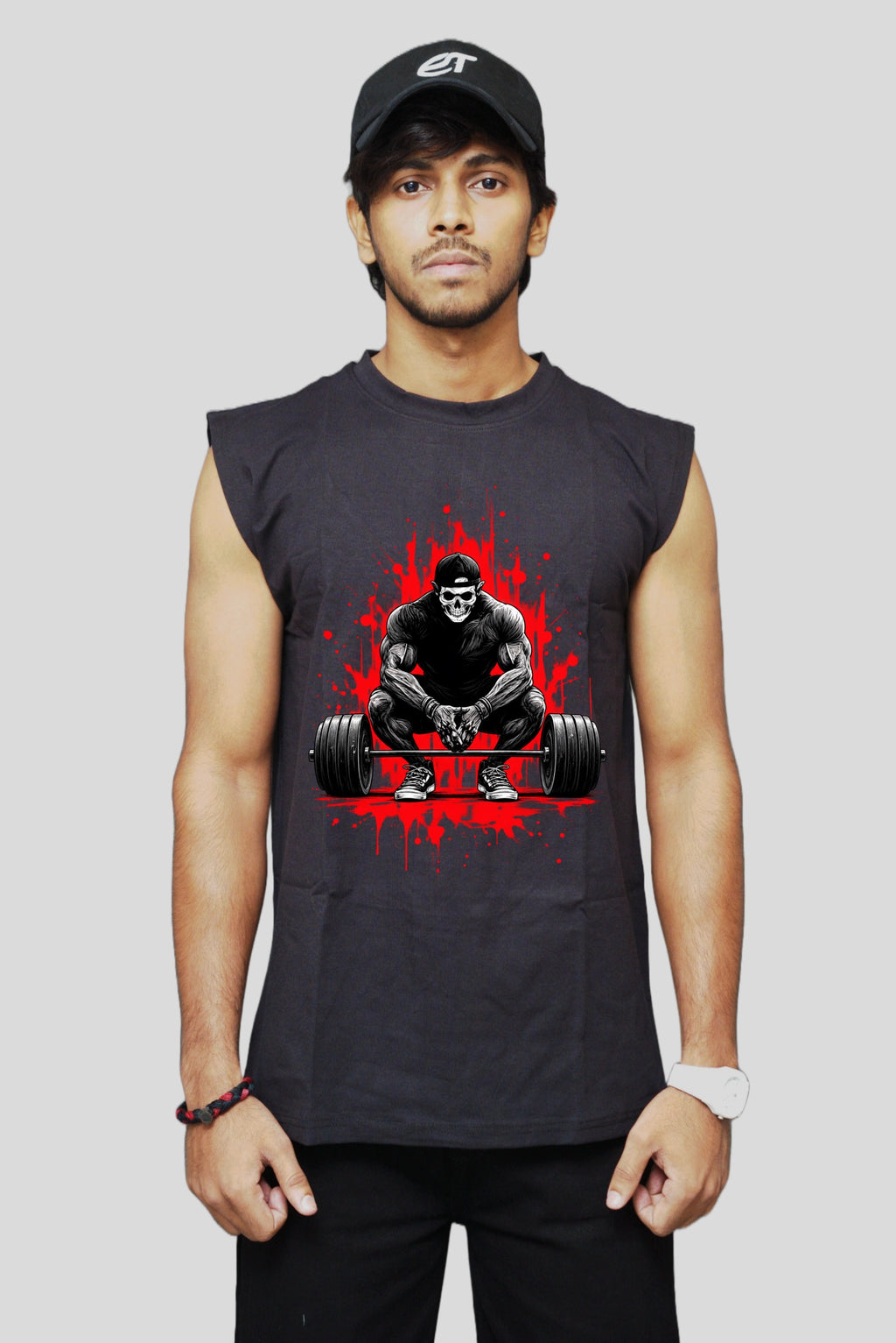 Black oversized cotton sleeveless tank with a red and black Monkey Gym graphic on the front