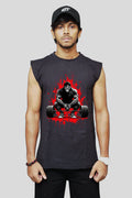 Black oversized cotton sleeveless tank with a red and black Monkey Gym graphic on the front