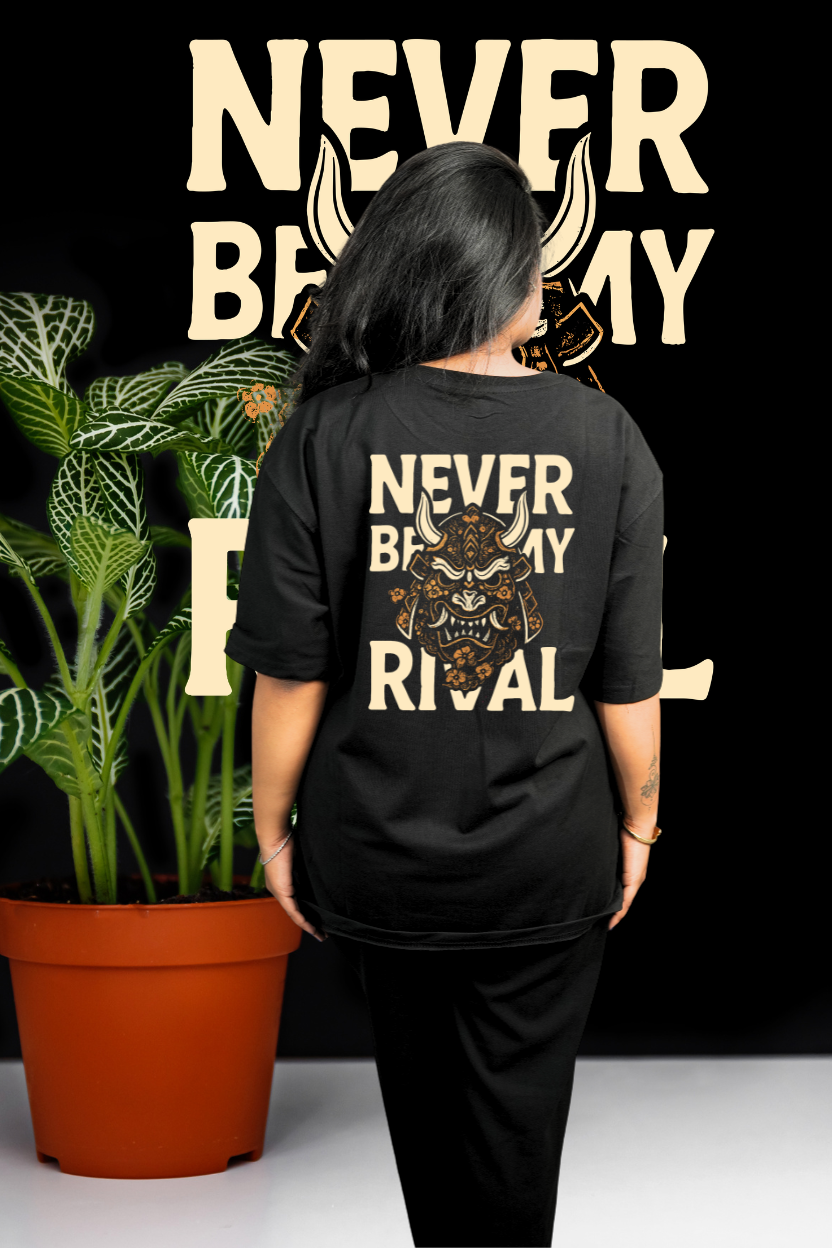 Never Be My Rival Oversized Print T-Shirt All Black Oni Mask Back - Eclipse Theory
