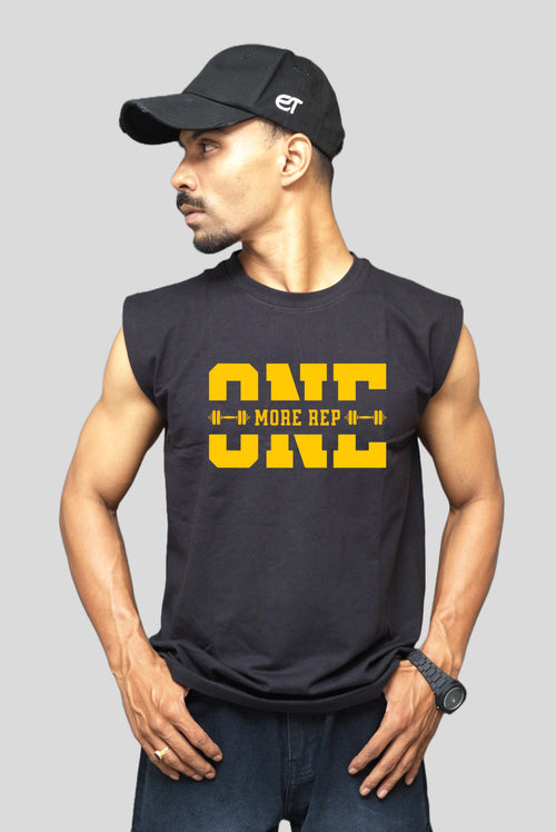 Black oversized cotton sleeveless tank with yellow One More Rep graphic on the front