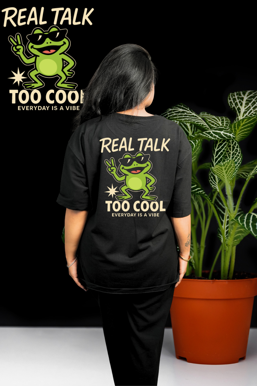 Real Talk Too Cool Oversized Print T-Shirt All Black Frog Back - Eclipse Theory