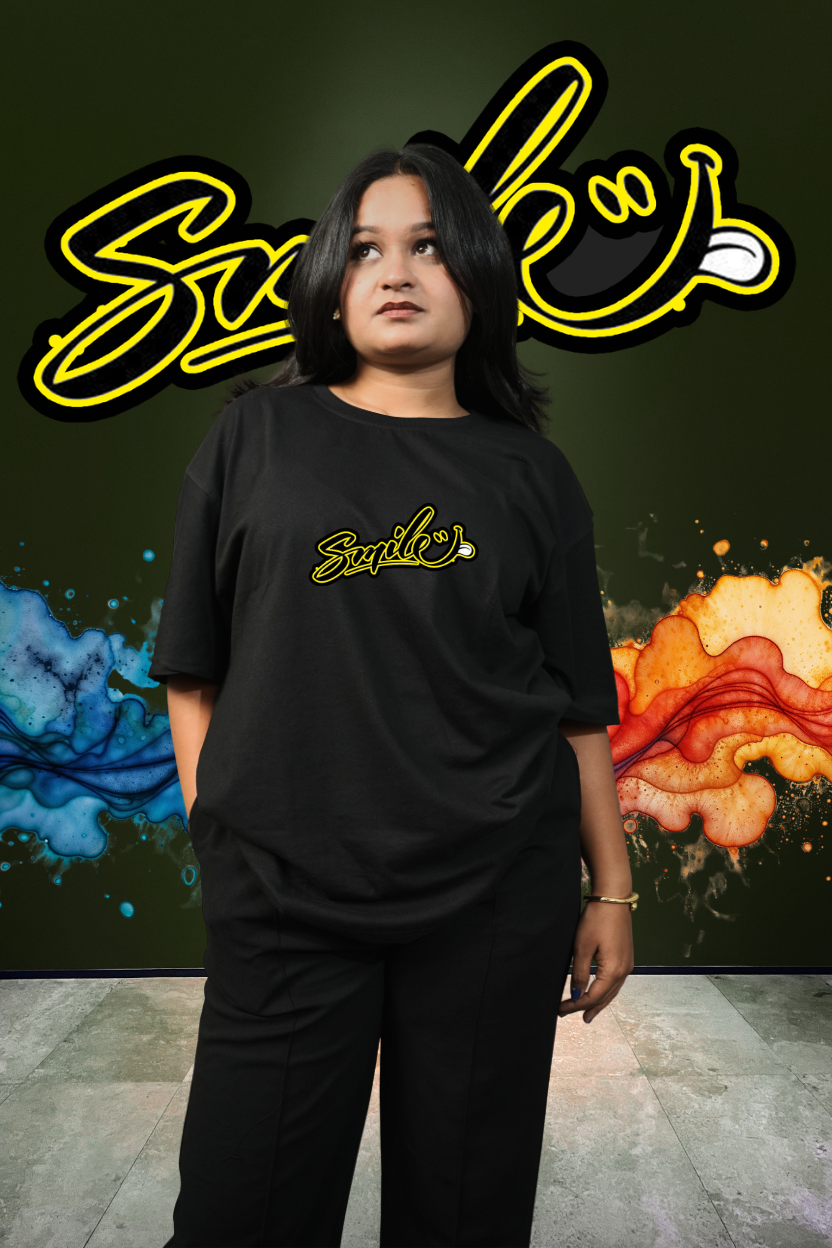 Smile Oversized Print T-Shirt All Black Yellow Graffiti Front - Eclipse Theory