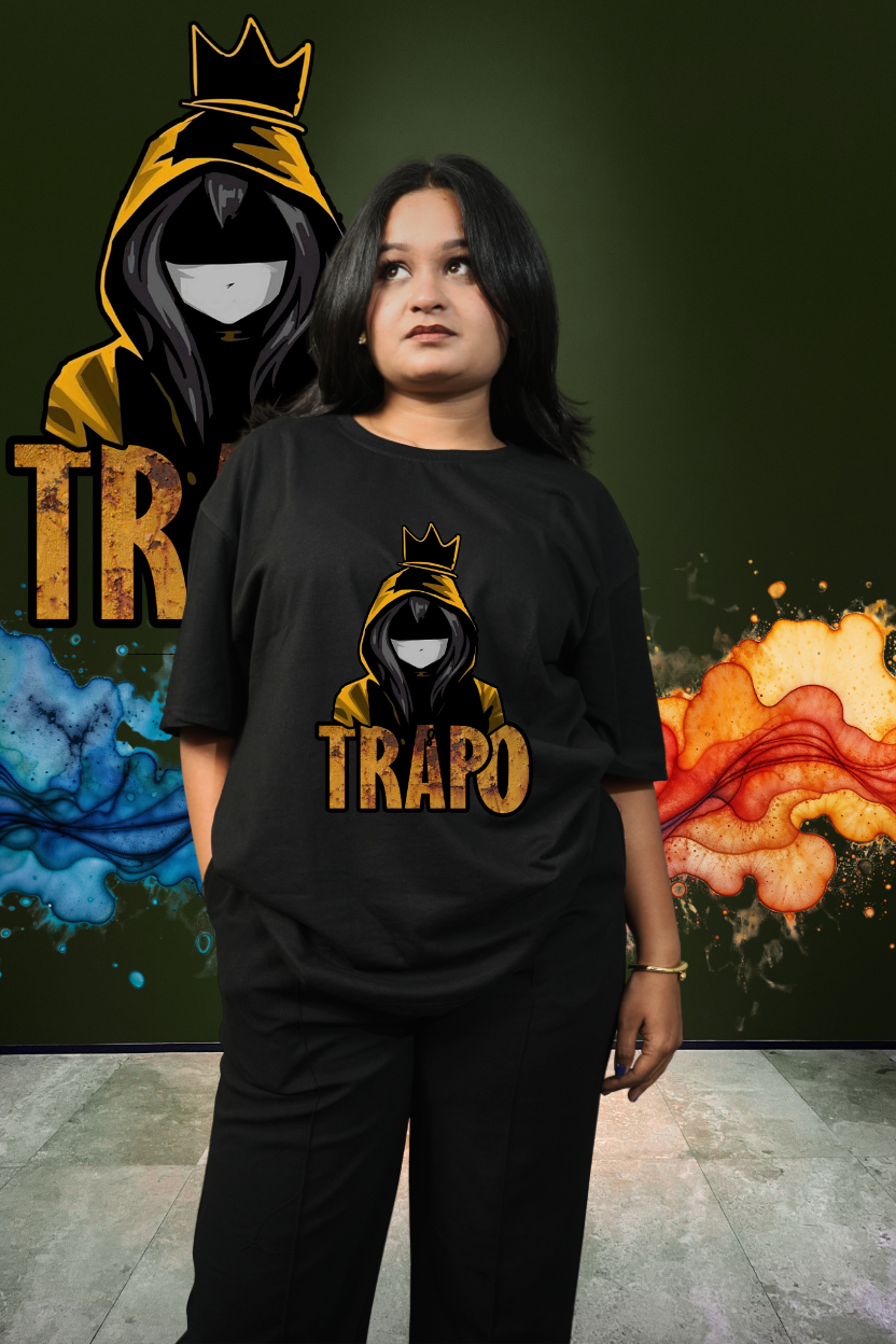 Trapo Oversized Print T-Shirt All Black Golden Crown Hooded Figure Front - Eclipse Theory