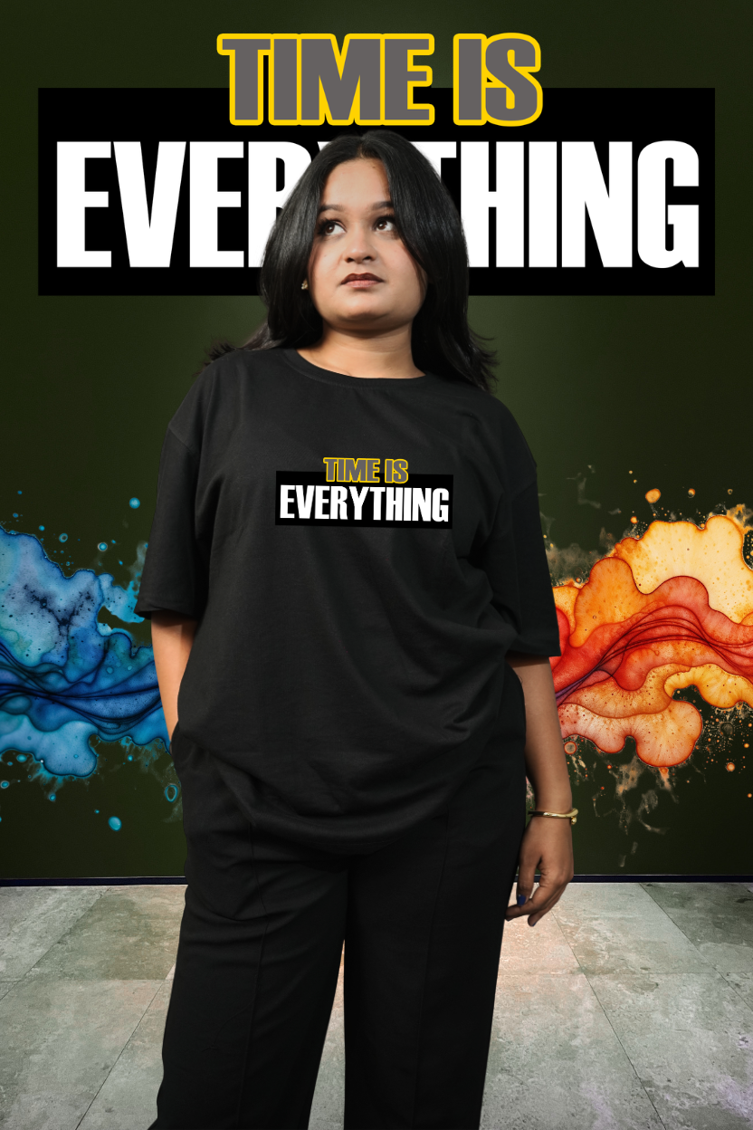 Time Is Everything Oversized Print T-Shirt All Black Front - Eclipse Theory
