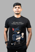 Man wearing a black regular-fit T-shirt with a cartoon cat and self respect quote printed on the front