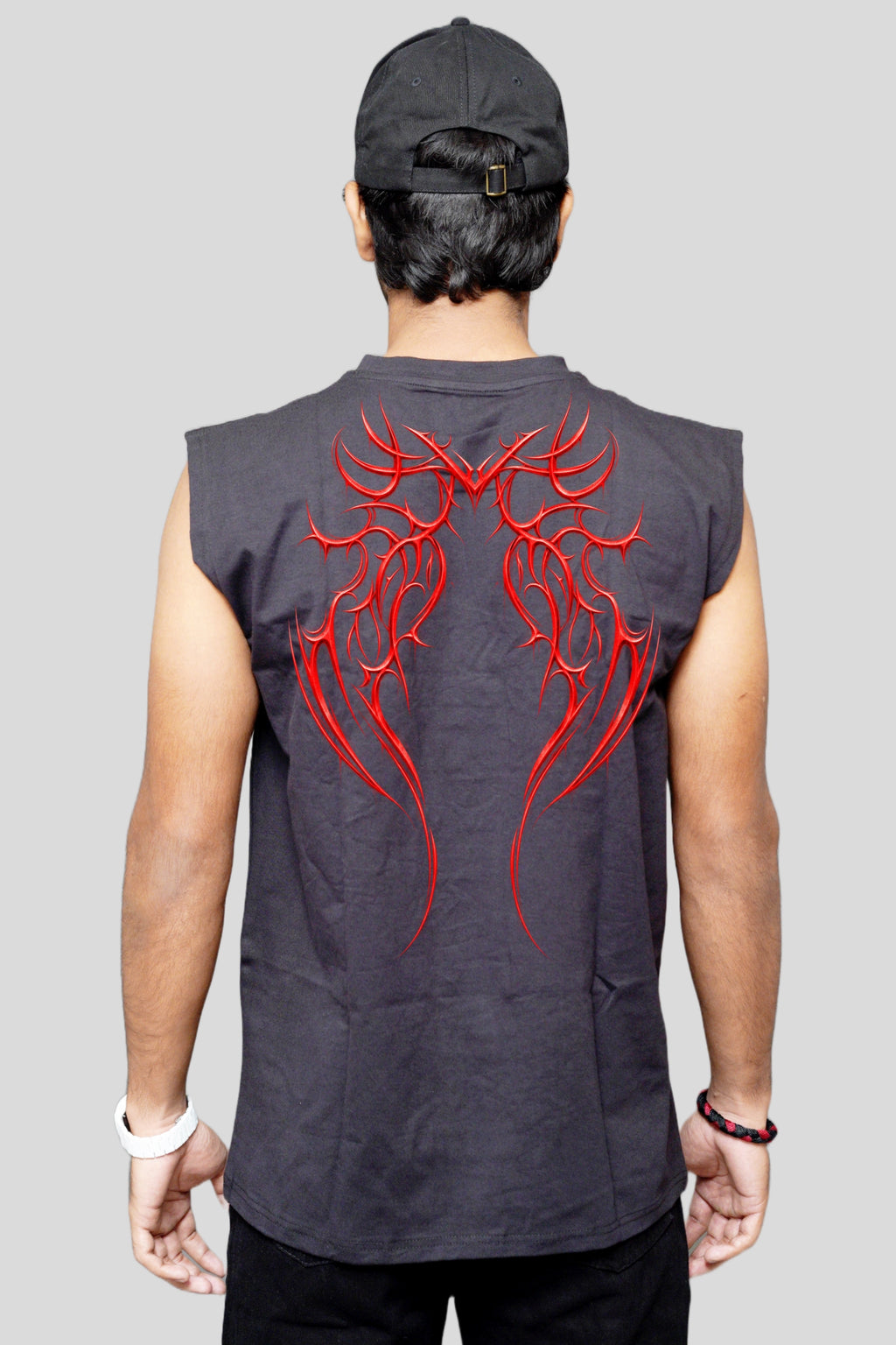 Black oversized cotton sleeveless tank with a red Waganda tribal graphic on the back