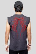 Black oversized cotton sleeveless tank with a red Waganda tribal graphic on the back