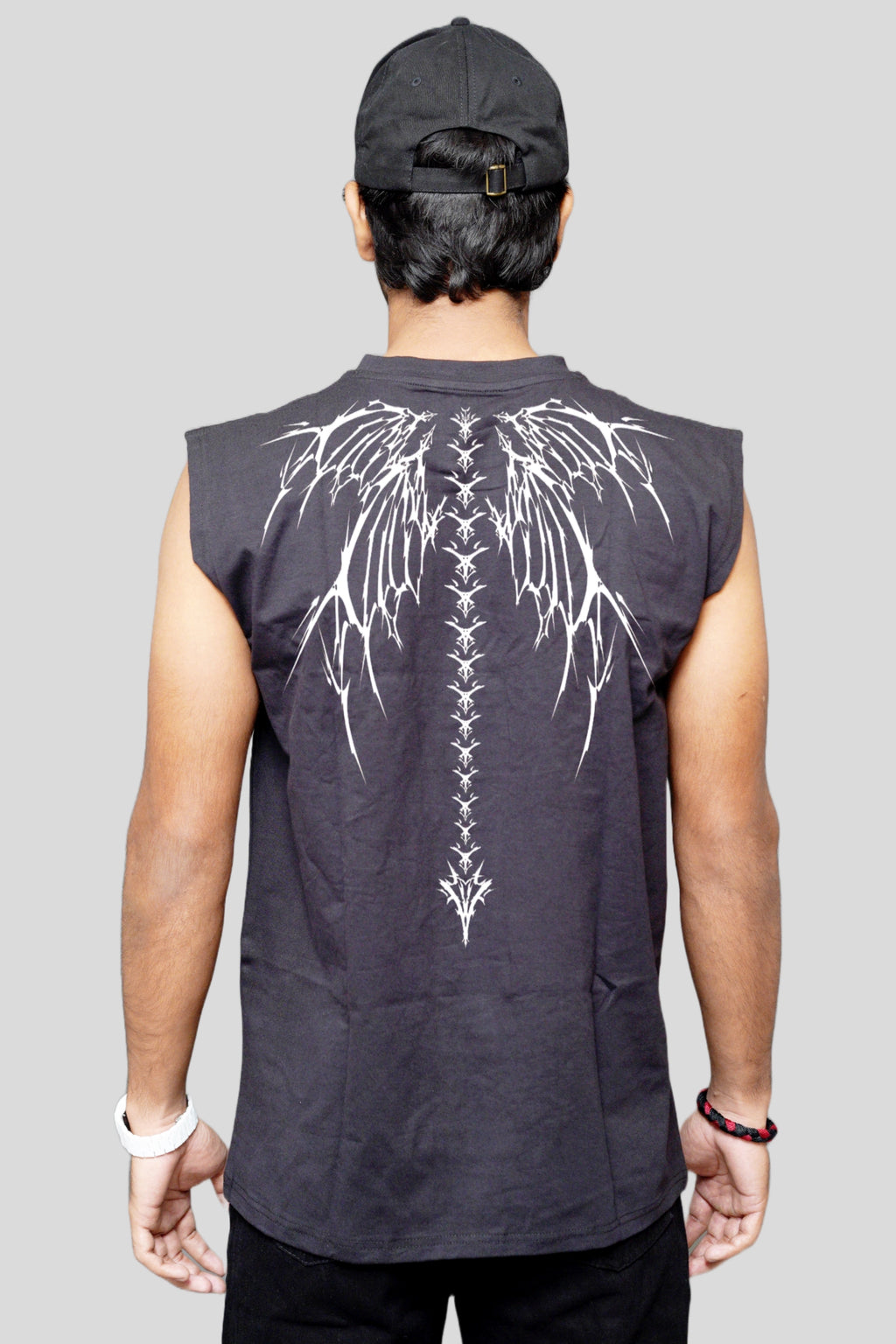 Black oversized sleeveless cotton tank with white Cyber Tribal back graphic