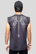 Black oversized sleeveless cotton tank with white Cyber Tribal back graphic