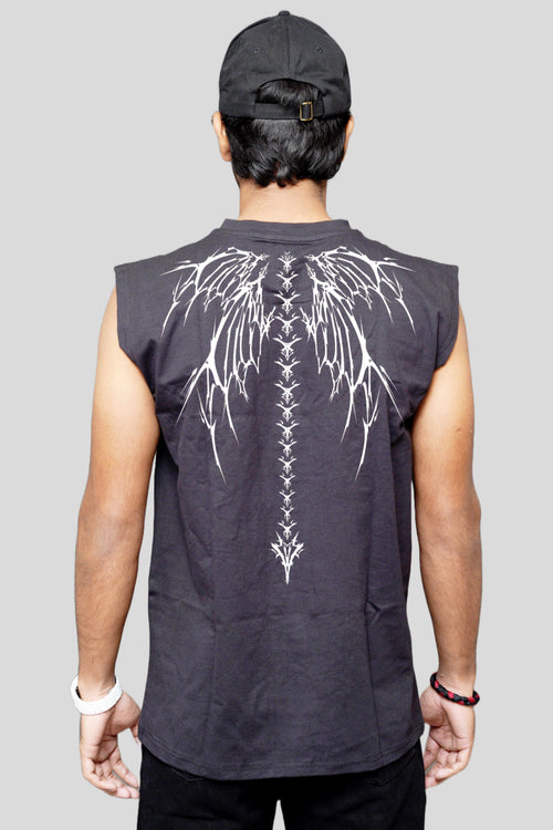 Black oversized sleeveless cotton tank with white Cyber Tribal back graphic